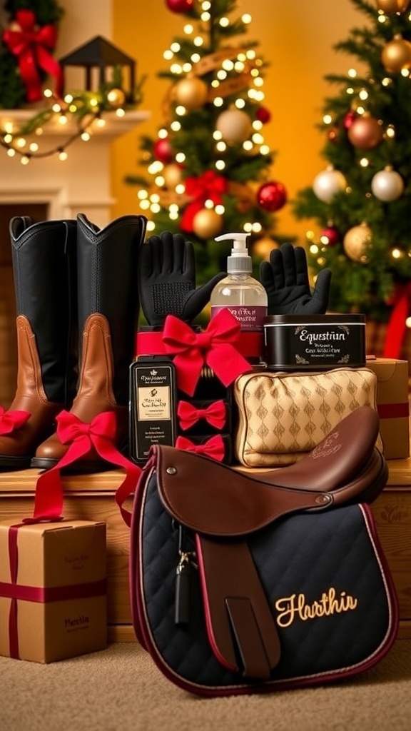 A collection of equestrian-themed Christmas gifts including riding gear and accessories, set against a festive backdrop.
